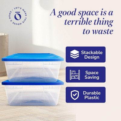 Clear Plastic Stackable Storage Bins with Blue Lids, 41-Quart, 4 Pack