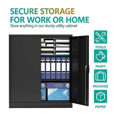 Black 42" Lockable Metal Office Storage Cabinet with Adjustable Shelves