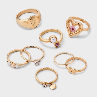 Heart and Bow Ring Set 8pc - Wild Fable™ Gold: Iron, Acrylic, Zinc Alloy, Sizes 6-8, Band Rings