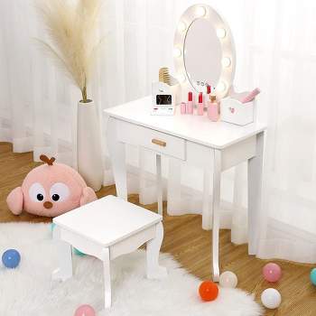 Princess Vanity Table Set for Toddlers, Includes Mirror, Stool, and Touch Light, Wood Makeup Playset for Girls