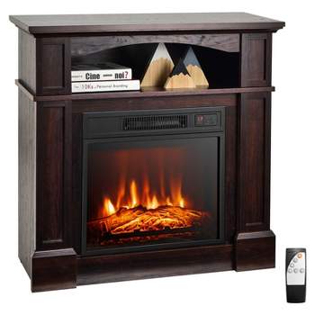 Tangkula 32" Electric Fireplace with Mantel 1400W Freestanding Heater with Remote Control & Thermostat White/Brown