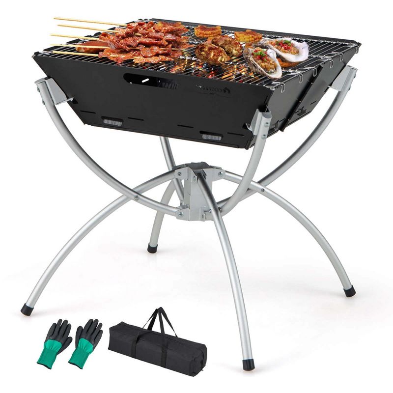 Costway 3-in-1 Portable Charcoal Grill Folding Camping Fire Pit with Carrying Bag & Gloves Black/Coffee, 1 of 11