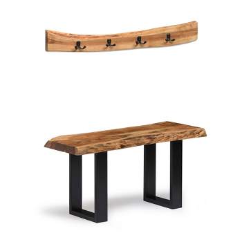 Alaterre Furniture Alpine Natural Brown Live Edge Bench with Coat Hook Set Metal And Wood