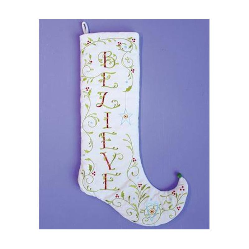 Patience Brewster 28" White and Green Embroidered Christmas Stocking, 1 of 2
