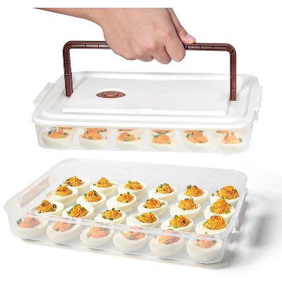Deviled Egg Containers with Lid (Set of 2), Plastic Tray Carrier with Handle for 48 Eggs, Clear Stackable Egg Holder