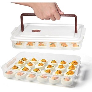 Deviled Egg Containers with Lid (Set of 2), Plastic Tray Carrier with Handle for 48 Eggs, Clear Stackable Egg Holder - 1 of 4