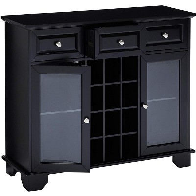 Black Wood Sideboard Cabinet with Wine Storage and Glass Doors