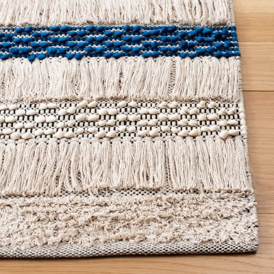 Beige and Navy Striped Handwoven Wool-Cotton Area Rug, 8' x 10'