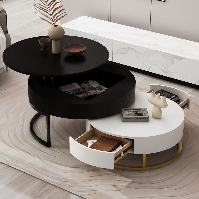 Modern Round Nesting Coffee Table, Lift-top Cocktail Table with 2 Drawers-ModernLuxe, 2 of 15