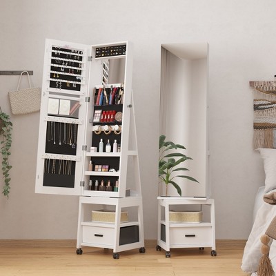 Garvee 360¡ã Swivel Jewelry Armoire, Floor Standing Locking with Full Length Mirror,Bottom Drawer, Shelf, Wheels,White Cabinet with Storage Capacity