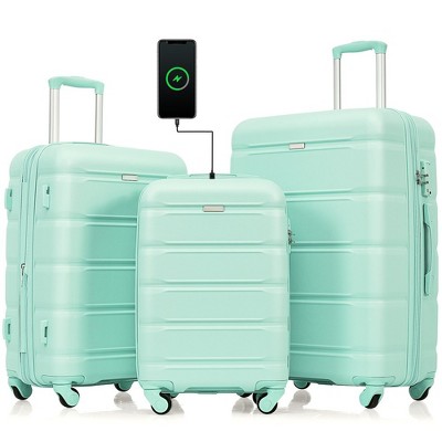 3 Pieces Spinner Wheels Luggage Set, 20-inch With USB Port, Expandable 24" And 28", 360-degree Rotating Wheels Suitcase With Cup Holder, Side Hooks