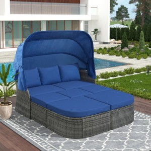 Patio Daybed Sunbed Set with Retractable Canopy & Wicker Conversation Furniture for Outdoor Lounging - 1 of 4