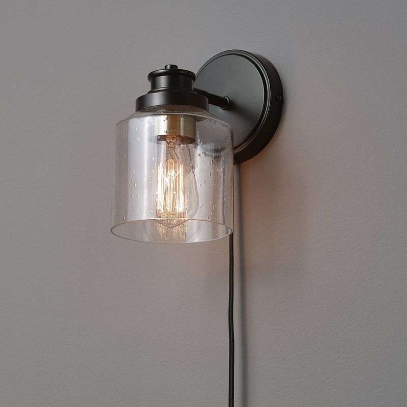Willow 1-Light Matte Black Plug-In or Hardwire Wall Sconce with Seeded Glass Shade - Globe Electric, 6 of 8