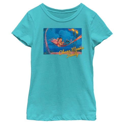 Girl's Lilo & Stitch Ohana Means Family Hammock T-shirt - Tahiti Blue ...