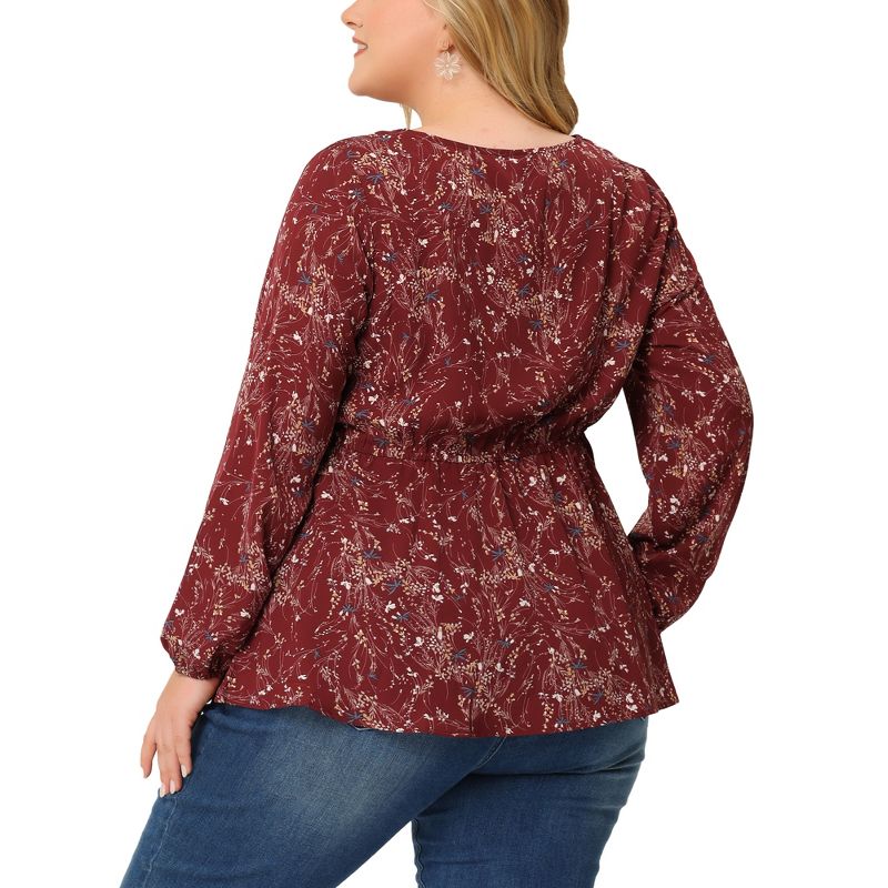 Agnes Orinda Women's Plus Size Round Neck Button Up Puff Floral Long Sleeve Casual Peplum Blouses, 4 of 7