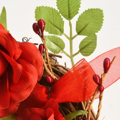 16" Red Rose Heart Wreath with Green Leaves and Ribbon