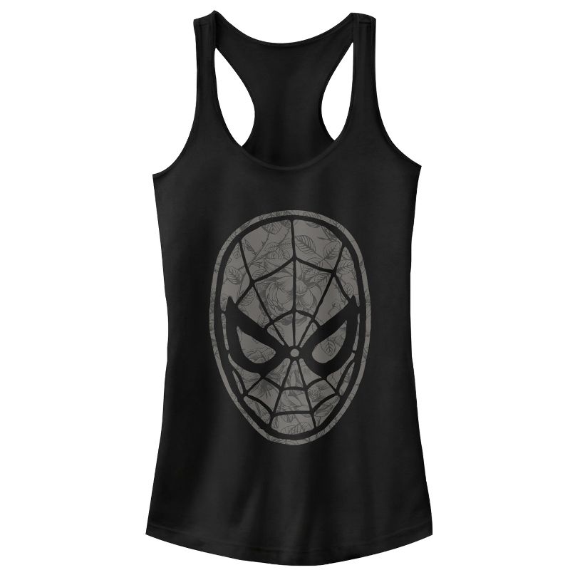 Juniors Womens Marvel Spider-Man Grayscale Floral Print Racerback Tank Top, 1 of 5
