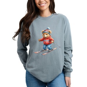 Skiing Bear Watercolor - Women's Garment Dyed Long Sleeve Graphic T-Shirt - 1 of 4