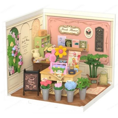 ROBOTIME 3D Puzzles DIY Miniature Dollhouse Fresh Flower Shop, Flower Shop Building Set Toys Playset, Decorative Ornaments, Pink, 6"*6.4"*6"