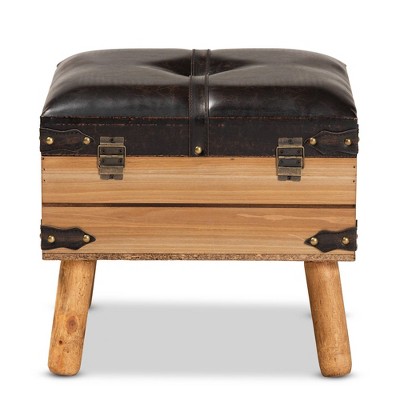 Rustic Oak and Dark Brown PU Leather Small Storage Ottoman