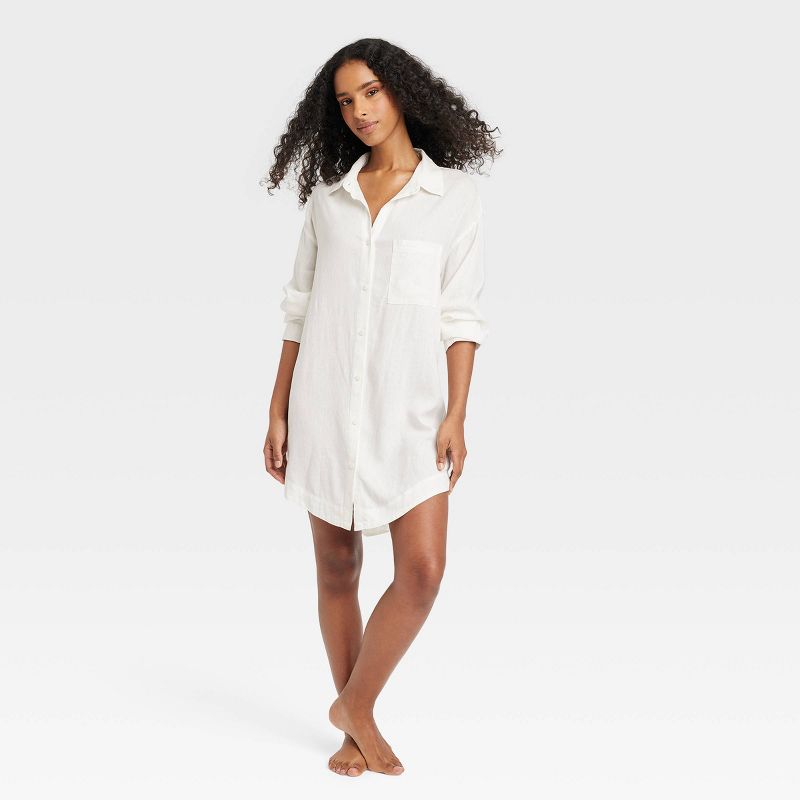 Women's Linen Blend Sleep Shirtdress - Stars Above™, 1 of 4