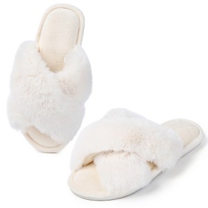 Fuzzy Cross Band Slippers Soft Plush Furry Fur House Shoes Open Toe Cozy Indoor Outdoor Slides for Women - 1 of 4