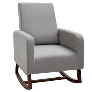 Accent Lounge Rocking Chair with Solid Curved Wood Base and Linen Padded Seat - 1 of 4