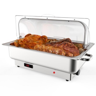 9QT Electric Chafing Dish Set with Temperature Control, Roll Top Stainless Steel Servers, and Clear Lid, perfect for Catering and Buffet Parties