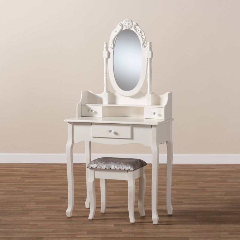 2pc Veronique White Finished Wood Vanity Table with Mirror and Ottoman White - Baxton Studio, 6 of 11