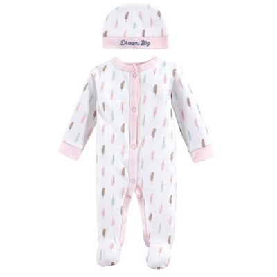 Luvable Friends Baby Girl Cotton Preemie Snap Sleep and Play and Cap 2pc Set, Feathers, Preemie