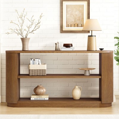 Modern Console Table for Entryway or Hallway,Narrow Sofa Table with Open Shelves & Fluted Wood Grain Design–The Pop Home