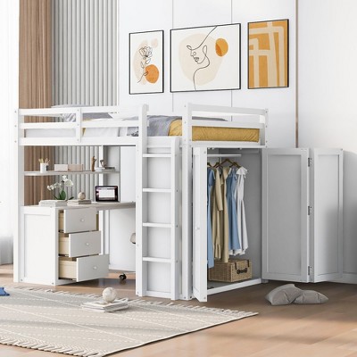 Sapphtopaz Loft Bed with Drawers Desk & Wardrobe,Wood Bed Frame with Ladder & Safety Guardrail,Space-Saving Bunk Bed for Teens & Kids