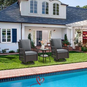 Jojoka 3pc Outdoor Wicker Rocking Bistro Set with 2 Swivel Chairs & Glass-Top Table, Rattan Patio Furniture with Cushions for Porch, Backyard - 1 of 4