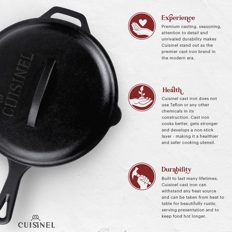 Cuisinel Cast Iron Skillet Set with Lids - 8"+10"+12"-inch Pre-Seasoned Covered Frying Pan Set + Silicone Handle and Lid Holders + Scraper/Cleaner, 2 of 5