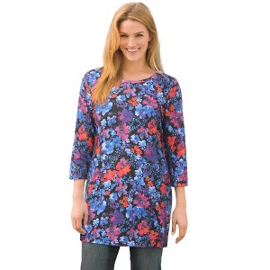 Woman Within Plus Size Perfect Printed Three-Quarter-Sleeve Scoopneck Tunic - 1 of 4