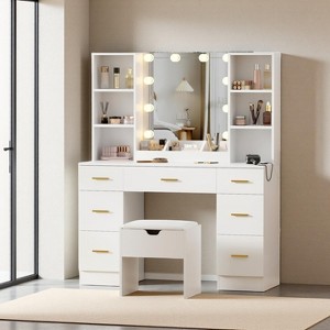 Makeup Vanity Desk with Lighted Mirror, 7 Drawers, Charging Station & Cushioned Storage Stool, Wood Dressing Table with 4 Open Shelves - 1 of 4
