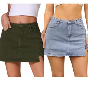 INSPIRE CHIC Women's Jean Side Slit High Waisted A-Line Stretch Mini Denim Skirts 2 Packs - 1 of 4