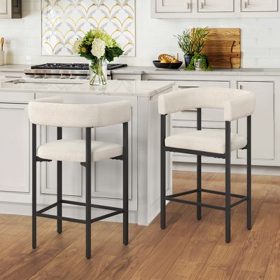 Arceso Barrel Bar Stools Set of 2, 26 Inch Upholstered Barstools with Arms & Metal Frame, Counter Height Bar Stools with Curved Backrest