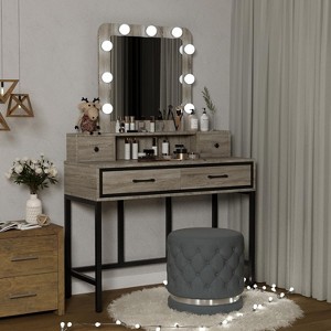 Heynemo Makeup Vanity Table with 3 Color Dimmable Lighted Hollywood Mirror, Makeup Vanity with 4 Drawers - 1 of 4