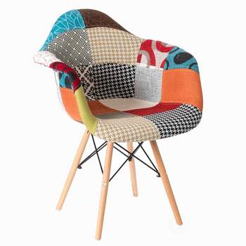 Fabulaxe Mid-Century Modern Upholstered Plastic Multicolor Fabric Patchwork DAW Shell Dining Chair with Wooden Dowel Eiffel Legs