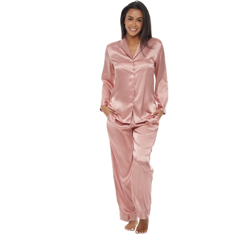 Womens Satin Pajamas Lounge Set, Silk like Long Sleeve Top and Pants with Pockets, 1 of 4