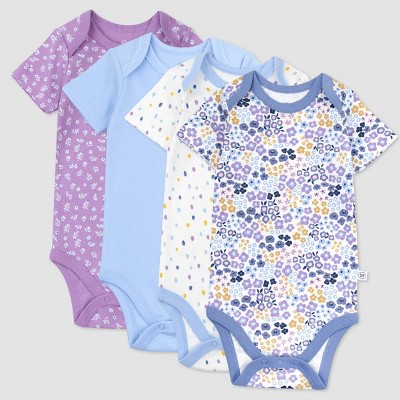 Image of Honest Baby Girls' 4pk Organic Cotton Prairie Pretty Short Sleeve Bodysuit - Purple/Blue/White Newborn