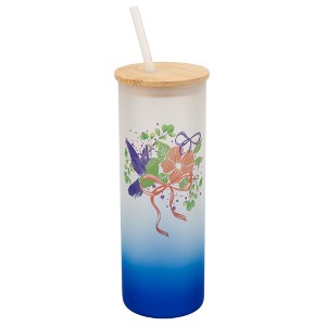 Elanze Designs 25 Ounce Frosted Glass Gradient Travel Tumbler With Straw and Wooden Lid, Hummingbird Floral Navy Blue - 1 of 1