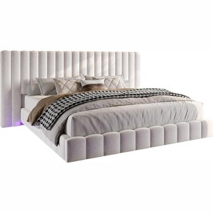 AMERLIFE Bed Frame with LED Lights and Upholstered Headboard, Velvet Platform with Floating Design - 1 of 4
