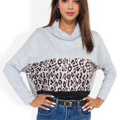 Anna-Kaci Women's Color Block Top with Leopard Print Panel and Cowl Neck Detail