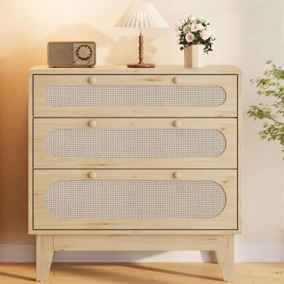 Wood 3 Drawer Dresser for Bedroom, Mid Century Rattan Chest of Drawer with Storage Cabinet Nightstand for Living Room, Entryway, Hallway, Light Oak