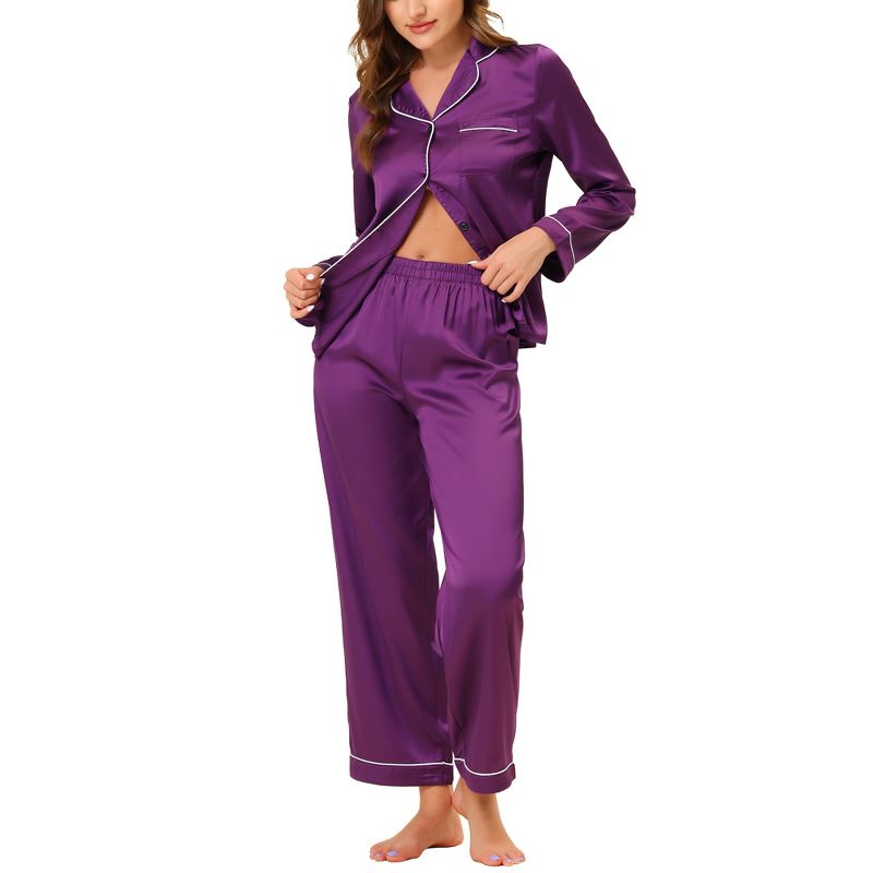 cheibear Women's Satin Button Down Lounge Tops and Pants Pajama Set, 3 of 7