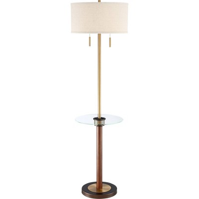 Possini Euro Design Modern Floor Lamp with Table USB and AC Power Outlet 63.5" Tall Antique Brass Walnut Wood Oatmeal Linen Shade Living Room