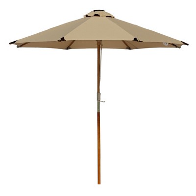 LAGarden Boho 32 LED 9Ft Wood Market Patio Umbrella with Solar Lights