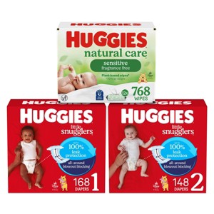 Huggies Little Snugglers 168 Count/Size1 Disposable Diapers + 148 Count/Size 2 Disposable Diapers + 768 Count Natural Care Baby Wipes - 1 of 4